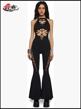 Shredded Cut-Out Jumpsuit with Halter Neck & Flared Legs, 95% Cotton 5% Spandex